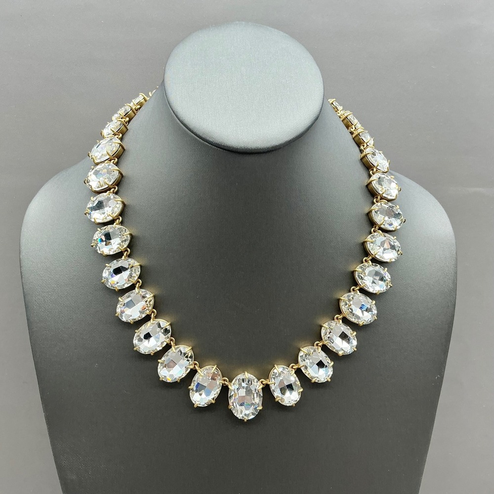 J.Crew Necklace Clear Crystal Rhinestone Oval Statement Gold Tone Bridal 18"